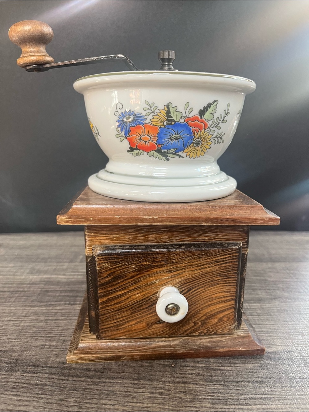 Vintage Ceramic & Wood Manual Coffee Grinder - White with Floral Design. Rare